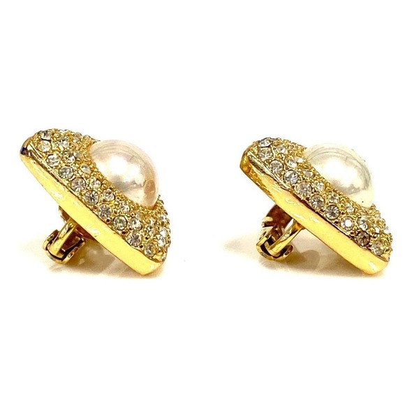 Vintage Christian Dior Pearl Clip On Earrings Rhinestone Gold Tone Triangle - Picture 7 of 12